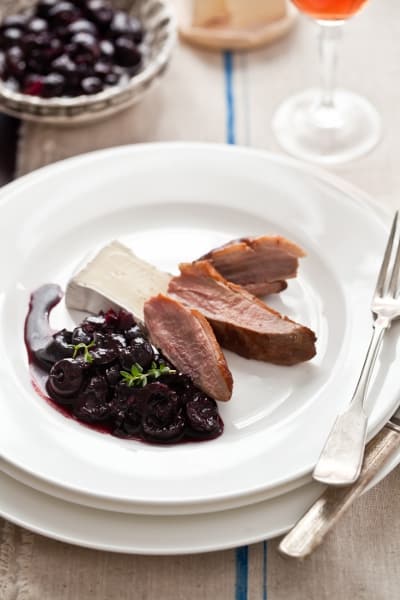 Duck Breast with Slathered Fresh Cherry Compote and Triple Cream Brie Cheese